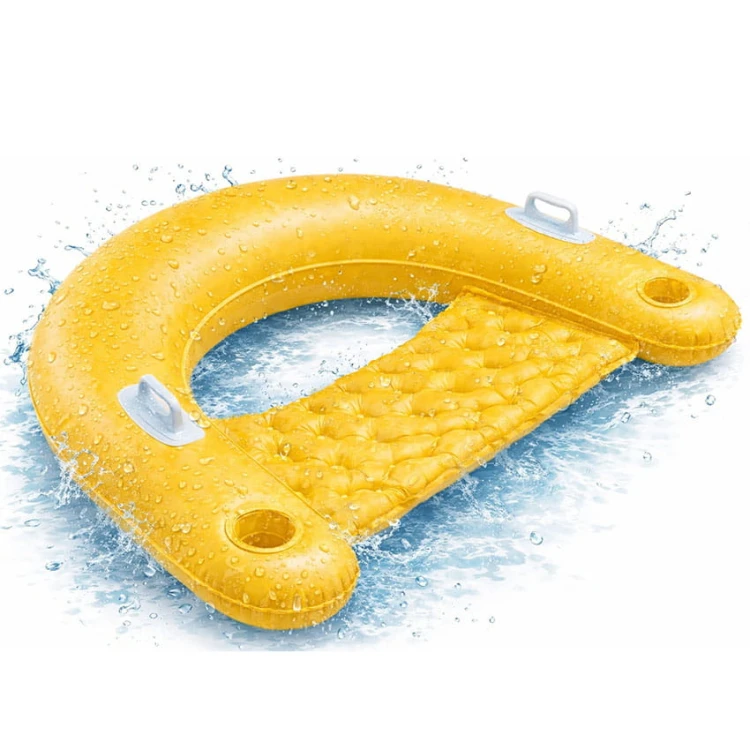 Fotel dmuchany do basenu z uchwytami żółty miejsce na napój materac wodny.jpg