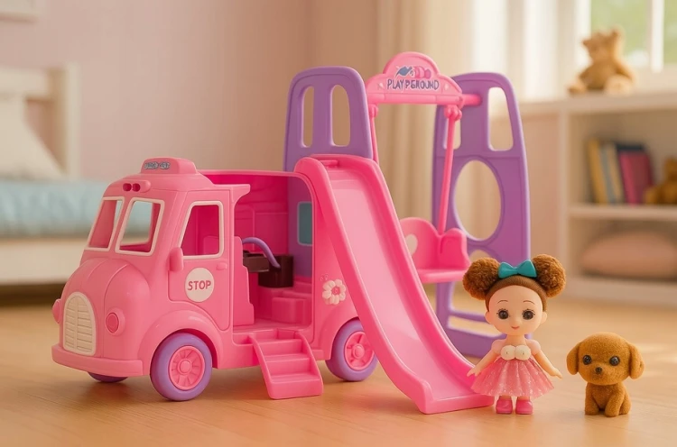Auto Kamper dla Lalek Plac Zabaw Zjeżdżalnia Huśtawka Akcesoria Lalka Pies.jpg
