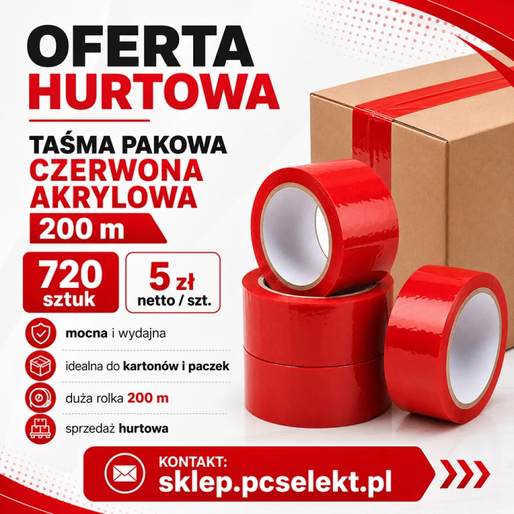 720 sztuk Taśma pakowa do pakowania 200m klejąca czerwona 218y 48mm Akrylowa.png