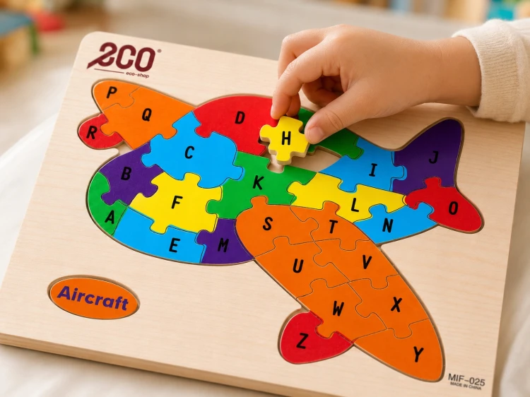 Puzzle Drewniana Układanka Edukacyjna Samolot Nauka Alfabetu Rozwój Dziecka.jpg