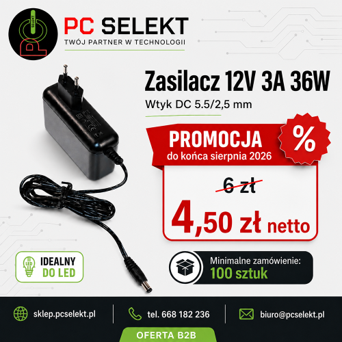 100 sztuk Zasilacz do LED 12V 3A 36W DC 5.5/2.5 mm DVE.png