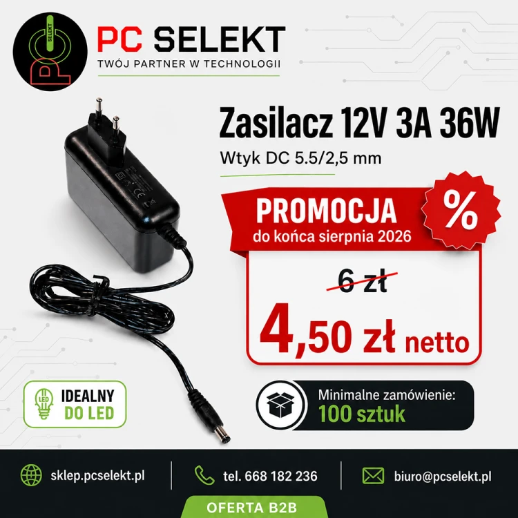100 sztuk Zasilacz do LED 12V 3A 36W DC 5.5/2.5 mm DVE.png