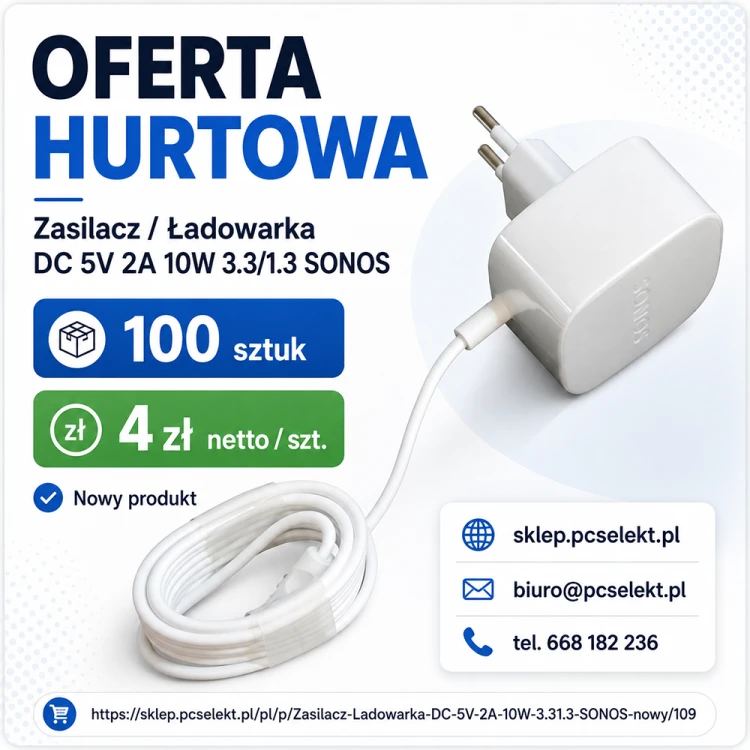 100 sztuk Zasilacz Ładowarka DC 5V 2A 10W 3.3/1.3 SONOS.png