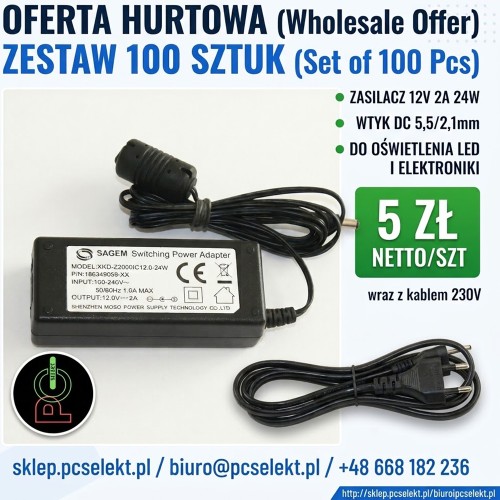 100 sztuk Zasilacz Ładowarka DC 12V 2A 24W Wtyk 5.5/2.1 mm do Oświetlenia LED + Kabel 230V.jpg