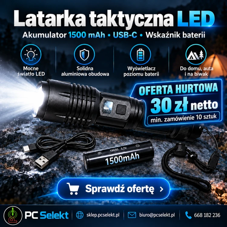LATARKA Taktyczna LED AKUMULATOROWA Z WSKAŹNIKIEM Baterii 1500mAh CZARNA.png